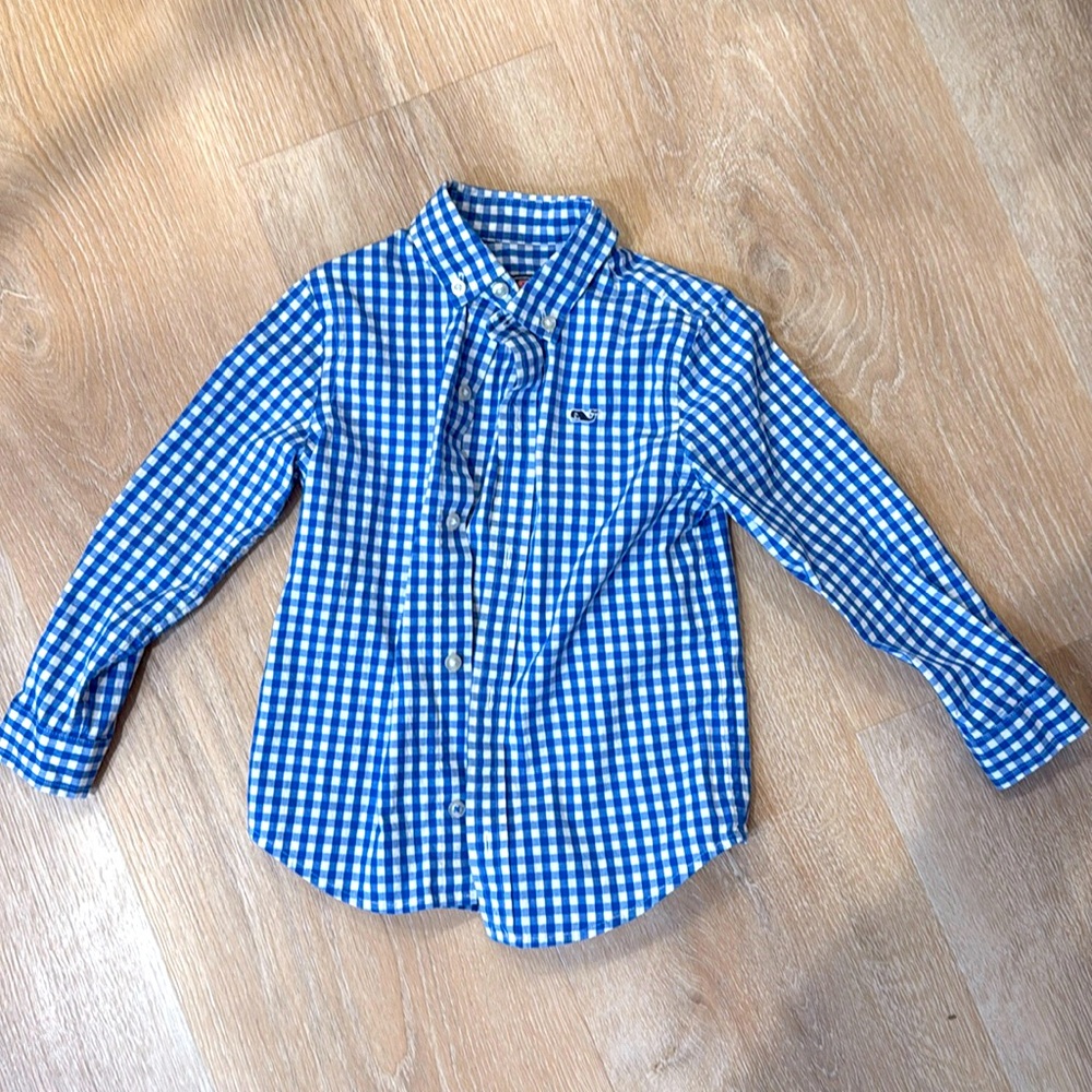 Boys Vineyard Vines Gingham Blue Whale Shirt 3T
